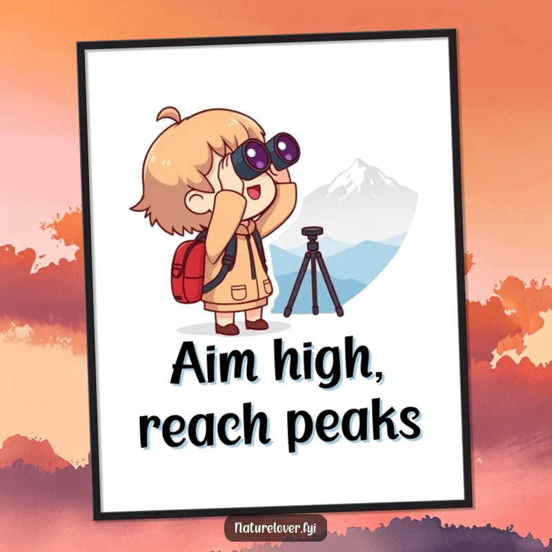 Funny Free Printable Wall Art: Character with binoculars, excitedly looking towards a distant, silhouetted mountain.