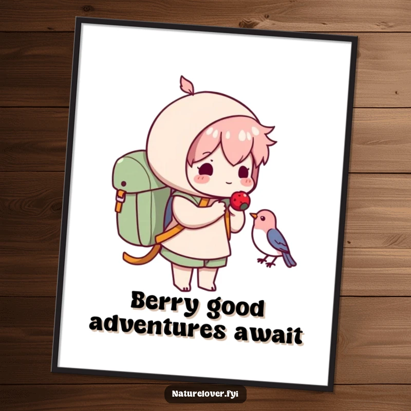 Funny Free Printable Wall Art: Character with backpack, offering a berry to a small bird, nature theme.
