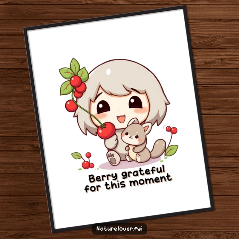 Funny Free Printable Wall Art: Cheerful character offers a berry to a cute woodland creature, evoking warmth and humor.