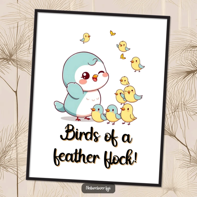Funny Free Printable Wall Art: Small character with a playful wink waves at a flock of tiny, cheerful birds, a whimsical scene.
