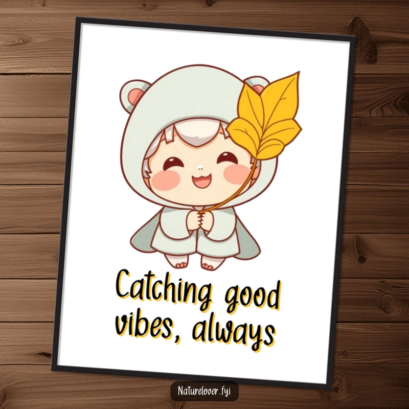 Funny Free Printable Wall Art: Smiling character receives a golden leaf from a soft, gentle breeze, evoking nature's beauty.
