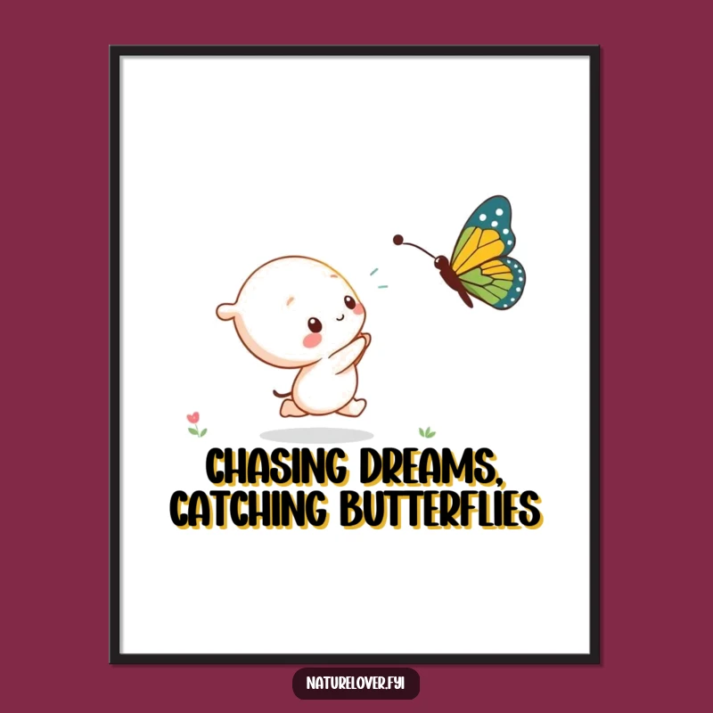 Free Printable Wall Art: Kawaii Character Butterfly Chase, Funny Downloadable Decor