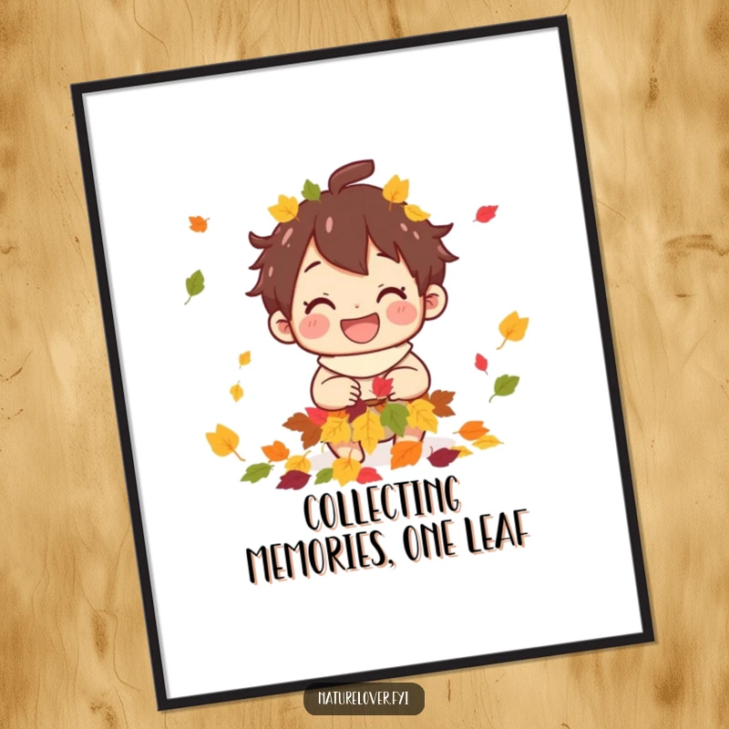 Funny Free Printable Wall Art: A character with a wide grin happily gathers a pile of colorful fallen leaves.