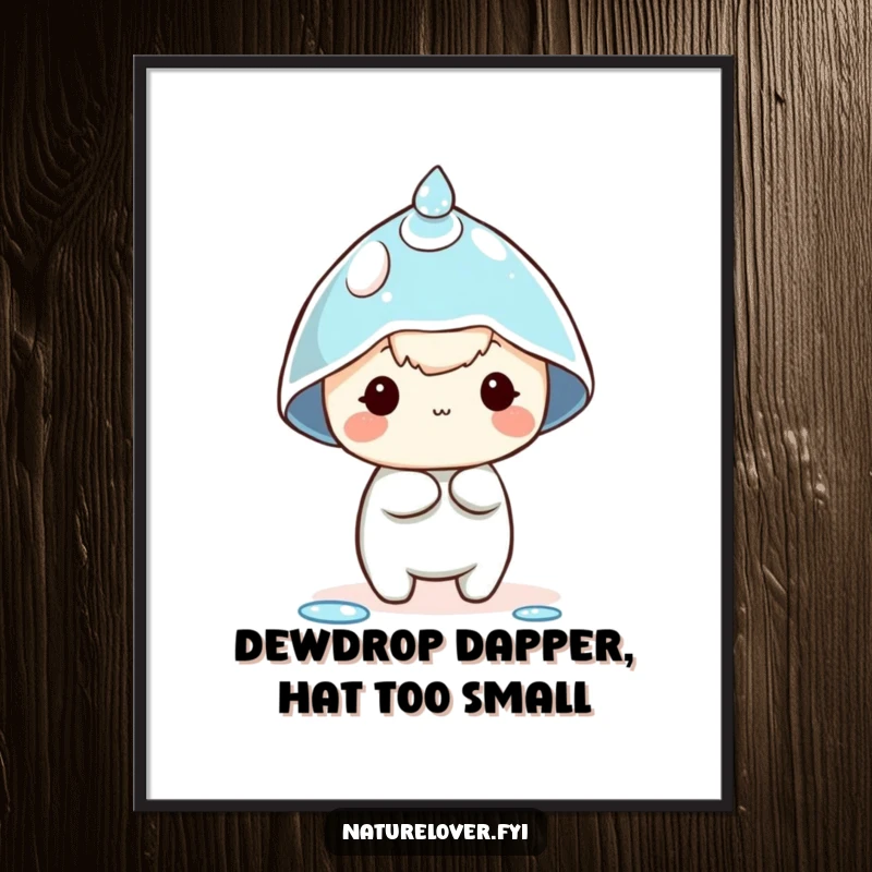 Funny Free Printable Wall Art: A small, cute character comically attempts to wear a large dewdrop as a stylish hat.