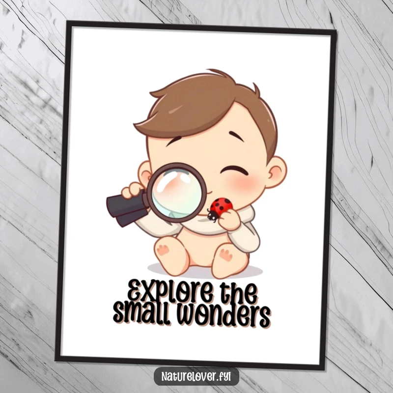 Funny Free Printable Wall Art: Character holds magnifying glass, curiously examining a tiny ladybug, intriguing downloadable art.