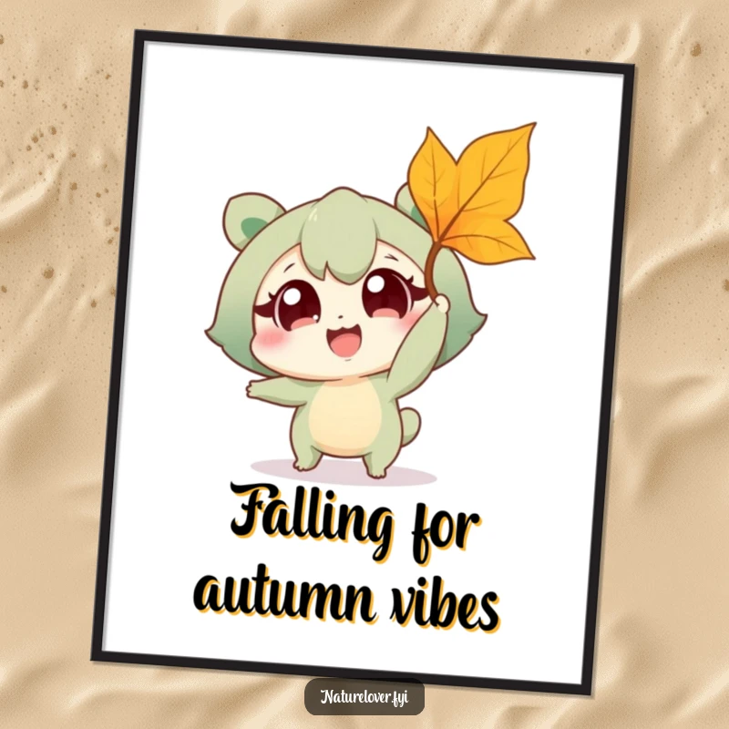 Funny free printable wall art, nature lover character ecstatic, wide-eyed, catching a single falling leaf.