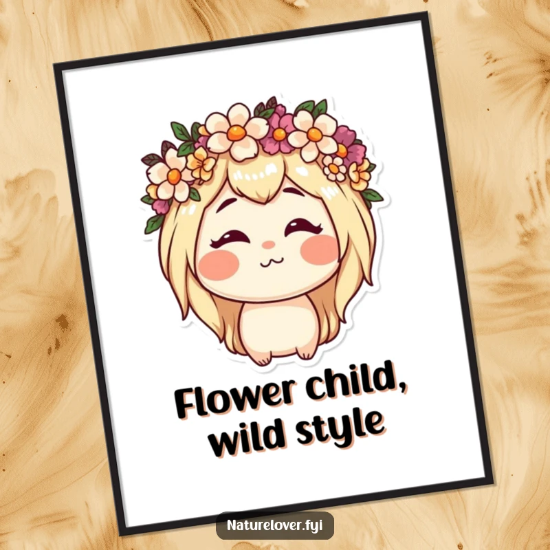 Funny free printable wall art, nature lover character with a flower crown making a hilariously funny face.