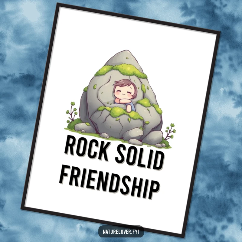 Funny Free Printable Wall Art: A cute character gleefully hugs a giant, moss-covered rock, conveying warmth and contentment.