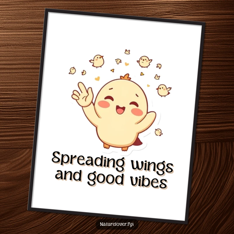 Funny Free Printable Wall Art: Happy character waving enthusiastically at a flock of tiny birds, creating a friendly and cheerful scene.