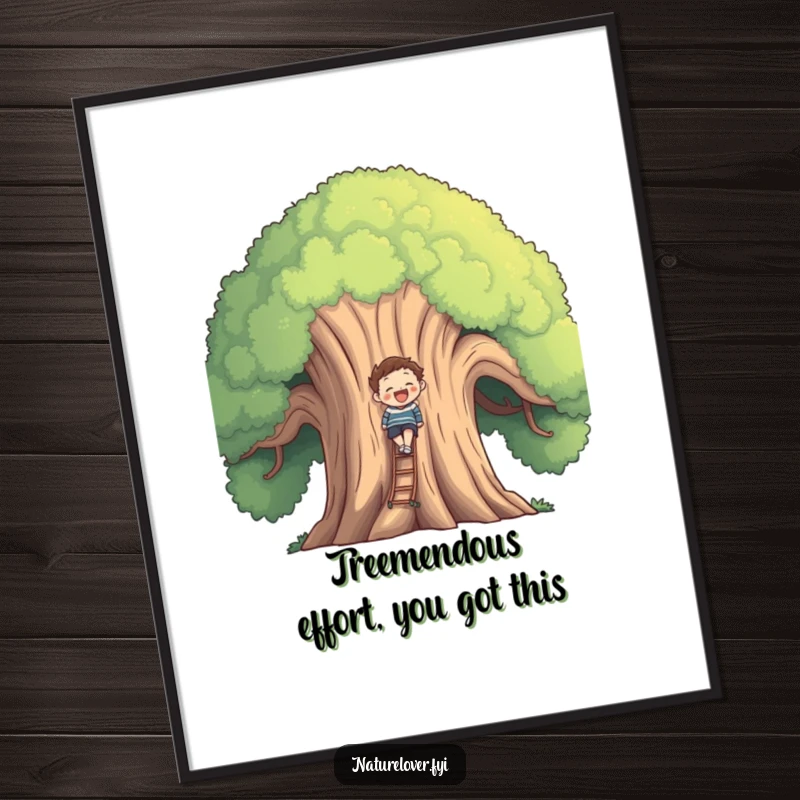 Funny Free Printable Wall Art: A smiling figure climbing a gigantic, friendly tree, depicting adventurous spirit and growth.