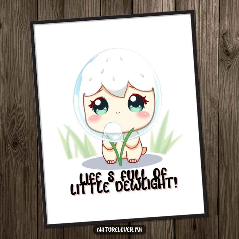 Funny Free Printable Wall Art: Cute character with curious eyes intently watching a massive, shimmering dewdrop, adding wonder to any room.