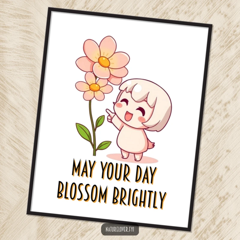 Funny Free Printable Wall Art: Cute character excitedly points at a blooming flower with pure admiration, perfect downloadable art.