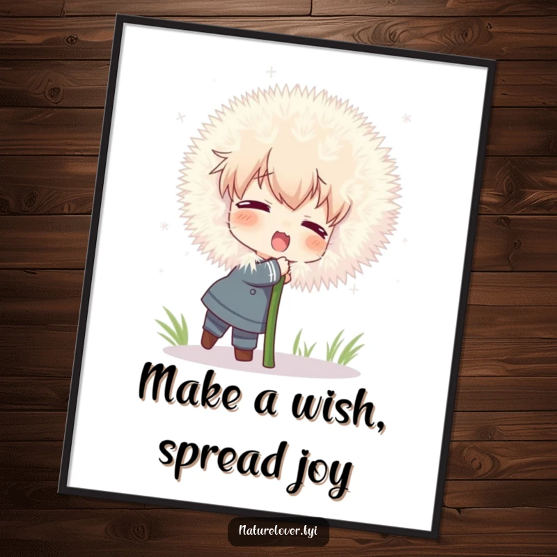 Funny Free Printable Wall Art: Character attempts to hug a comically large, fluffy dandelion, whimsical downloadable art.