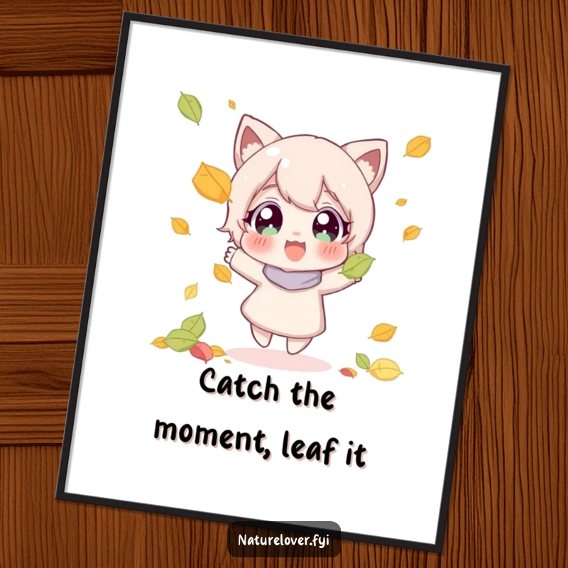 Funny Free Printable Wall Art: Character joyfully catches a falling leaf with wide, happy eyes, captivating downloadable art.