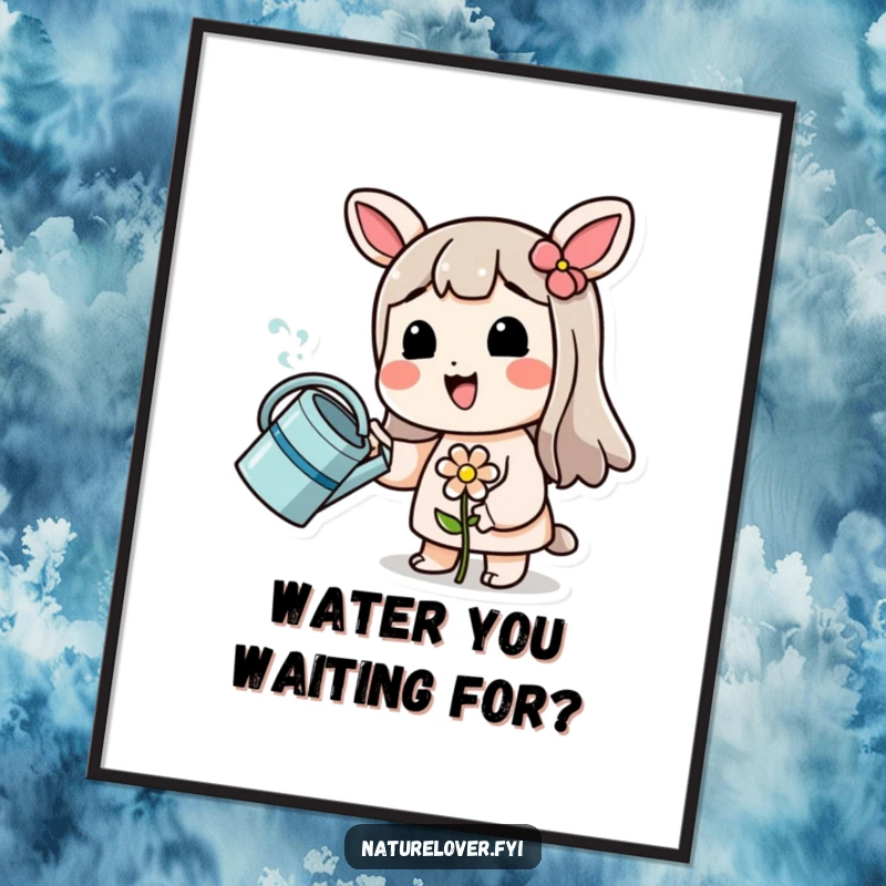 Funny Free Printable Wall Art: Character with watering can, sprinkling a tiny wilting flower, sweet garden theme.