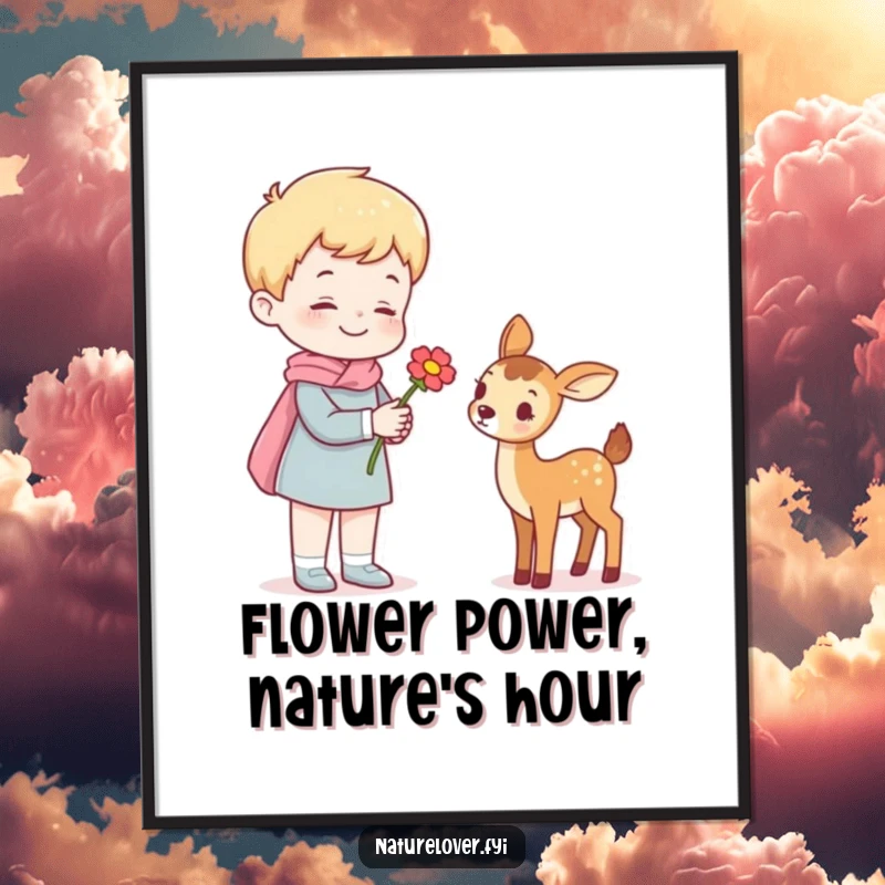 Funny Free Printable Wall Art: Cheerful figure gives a flower to a friendly miniature deer, creating a heartwarming scene.