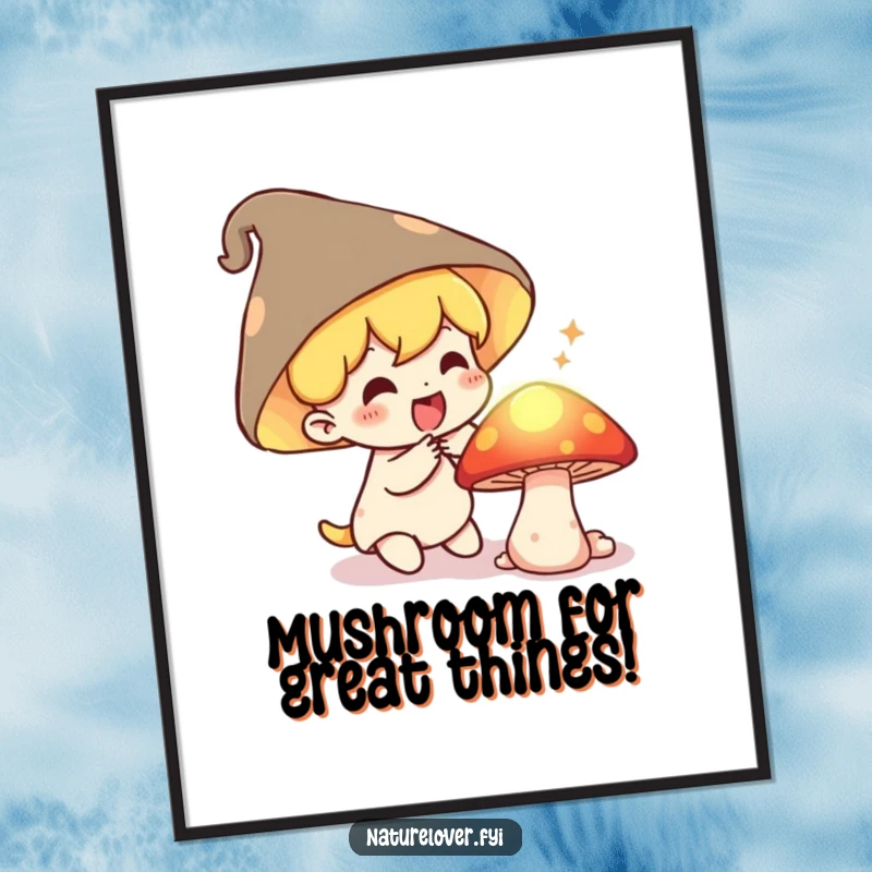 Funny Free Printable Wall Art: Small character with a delighted gasp finds a secret, glowing mushroom, creating an enchanting scene.