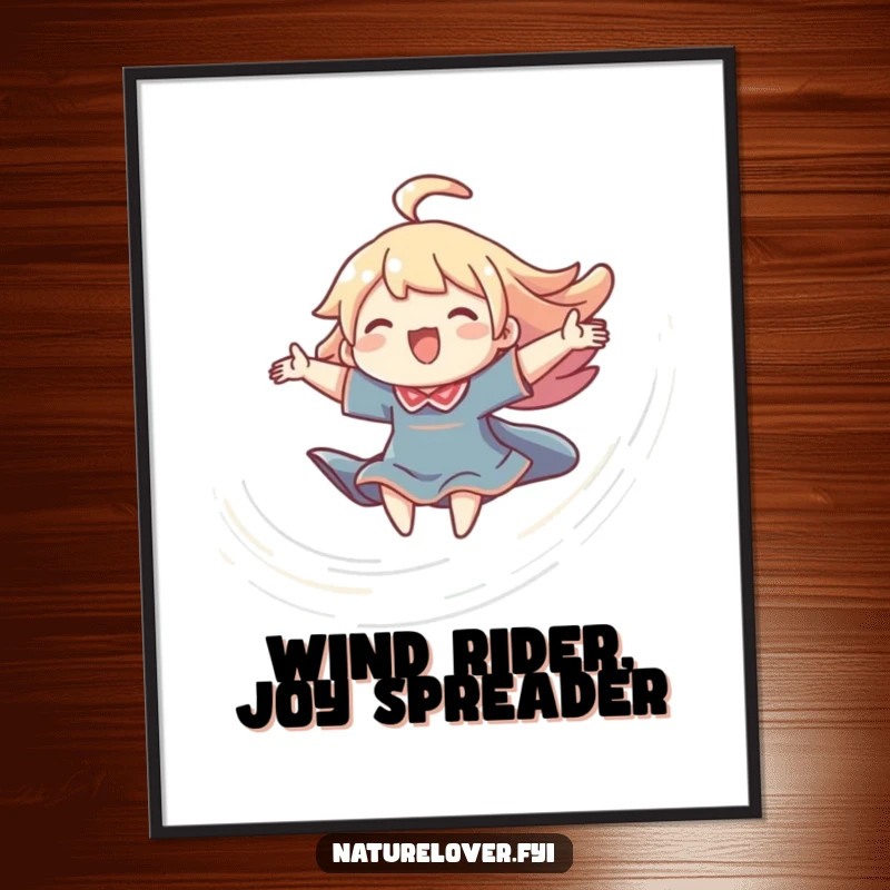 Funny Free Printable Wall Art of a character joyfully riding a swirling breeze with arms spread wide, embodying pure bliss.