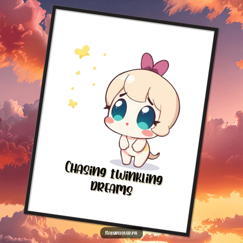 Funny Free Printable Wall Art: A small character with eyes wide in amazement watches a beautiful display of glowing fireflies appear.