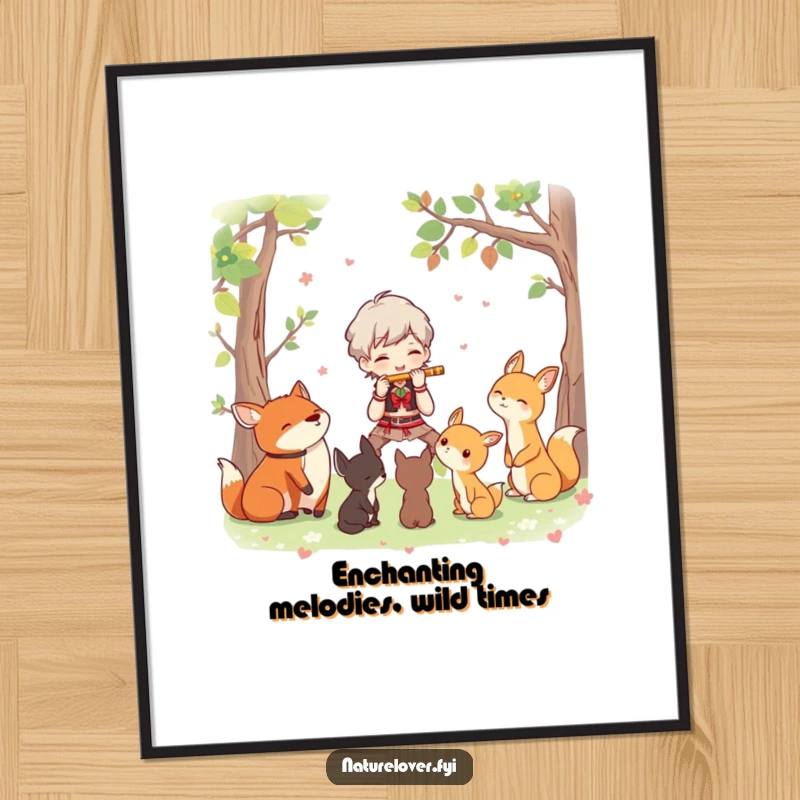 Funny Free Printable Wall Art: Character joyfully plays flute for attentive woodland creatures in a forest. Enchanting downloadable art.