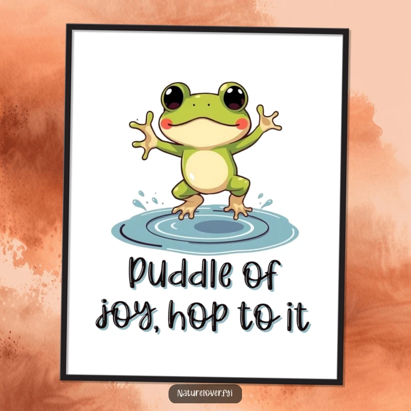 Funny Free Printable Wall Art: A frog wearing tiny galoshes enthusiastically jumps in a puddle of oversized ink, creating fun decor.