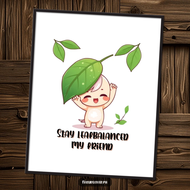 Funny Free Printable Wall Art: Playful character attempts to balance a large leaf on its head, a humorous downloadable piece.