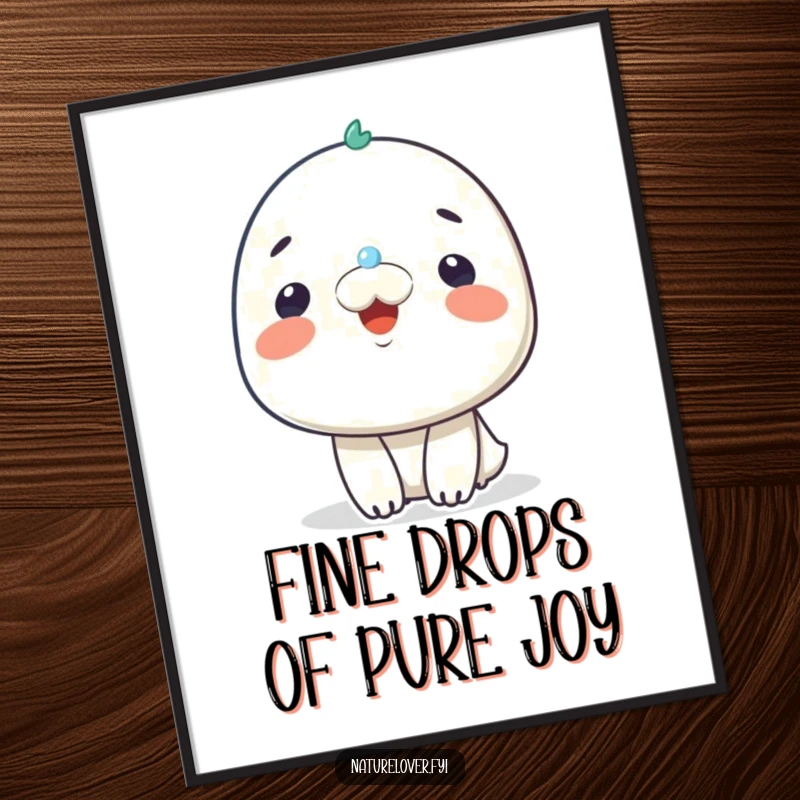 Funny Free Printable Wall Art: A character smiling with delight as a tiny raindrop lands on its nose.