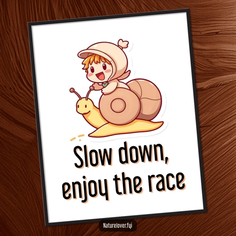Funny Free Printable Wall Art: Little character enthusiastically rides a snail like a racehorse, wind in their hair, whimsical DIY decor.
