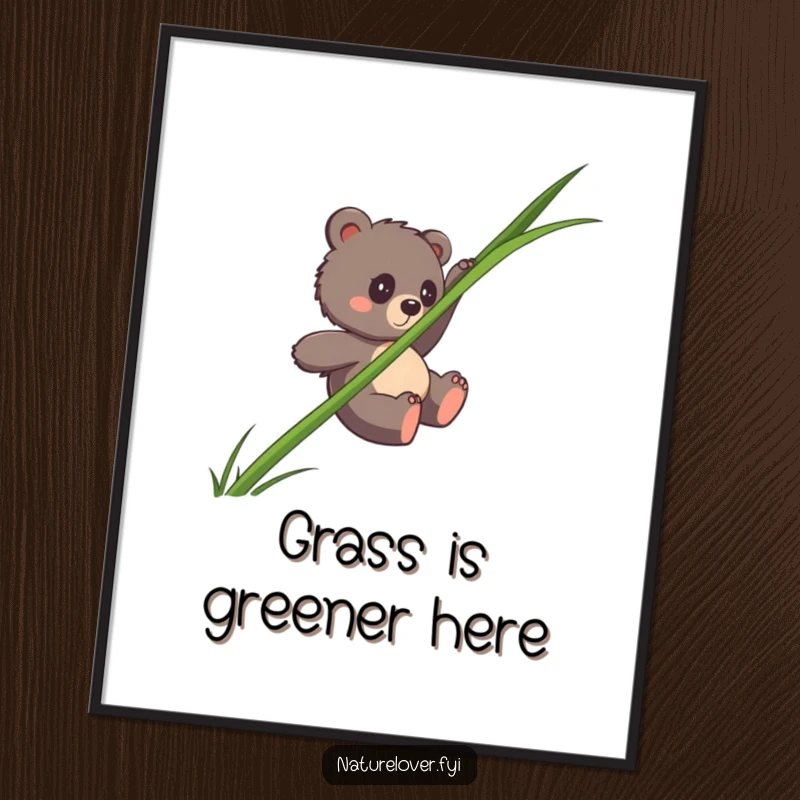 Funny Free Printable Wall Art: A clumsy bear cub enjoying a slide down an enormously long blade of grass.