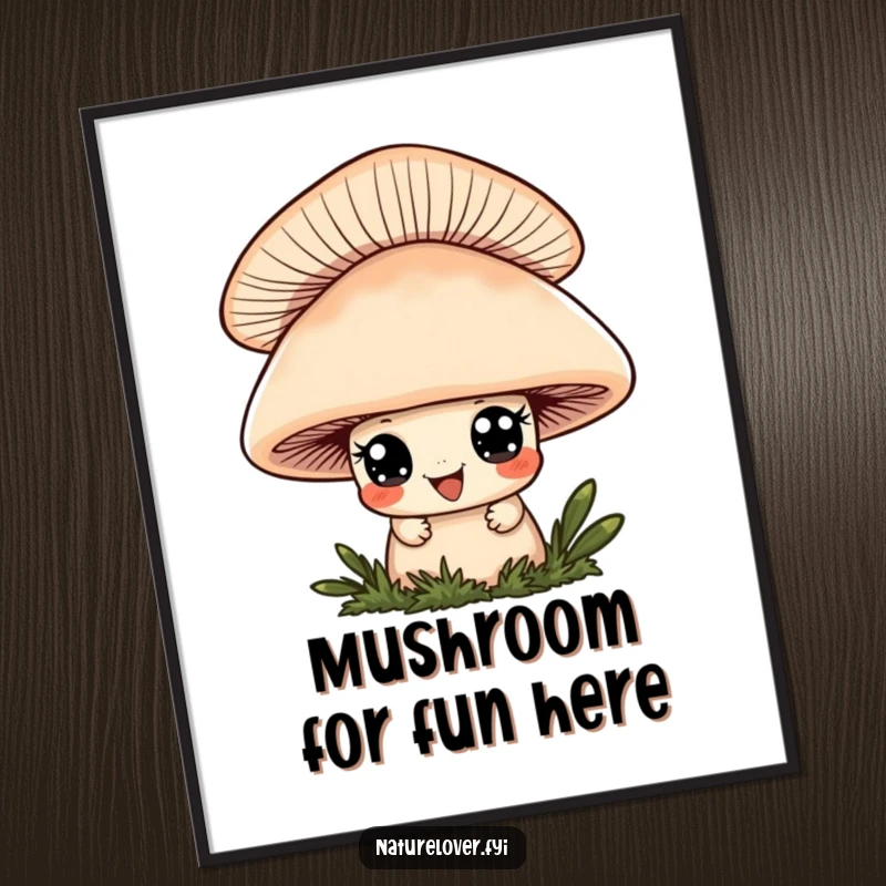 Funny Free Printable Wall Art: A cute character with wide eyes and a playful grin peeks from behind a large mushroom.