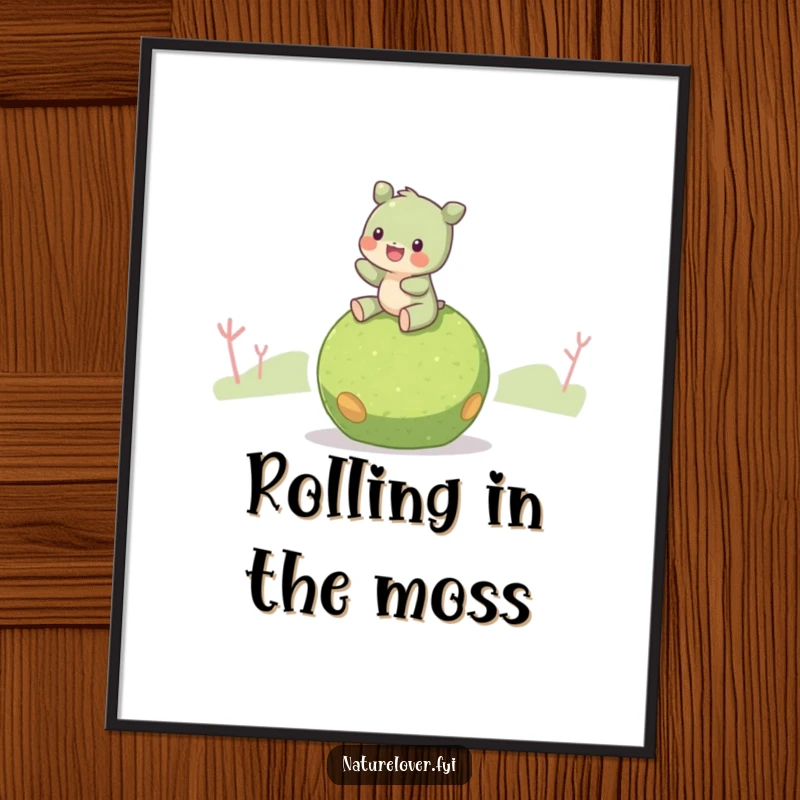 Funny Free Printable Wall Art: Creature Joyfully Riding a Gentle Rolling Moss Ball, Capturing a Moment of Playful Serenity.