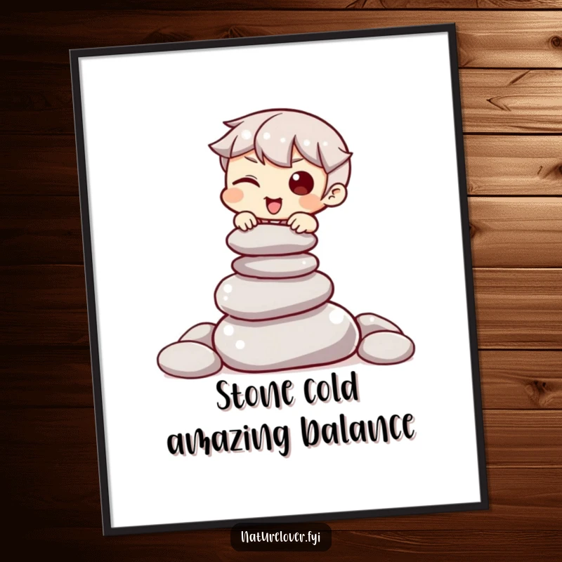 Funny Free Printable Wall Art: Character winks while precariously balancing a stack of smooth stones. Zen downloadable art.