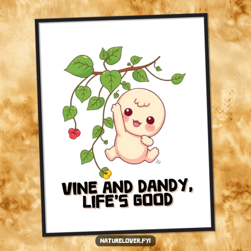 Funny Free Printable Wall Art: Cute kawaii character playfully dangles from a green vine, smiling sweetly, whimsical DIY decor.