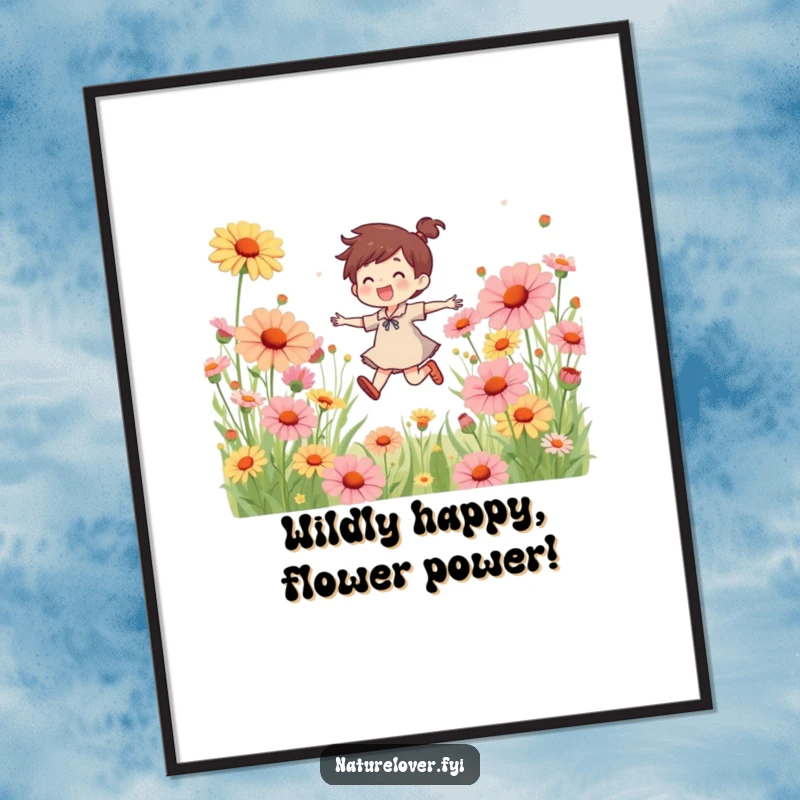 Funny Free Printable Wall Art: A character happily skipping through a field of oversized, vibrant wildflowers.