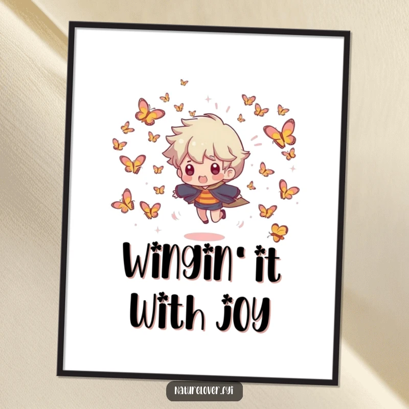 Funny Free Printable Wall Art: Character happily fleeing a swarm of smiling butterflies. Whimsical downloadable art.