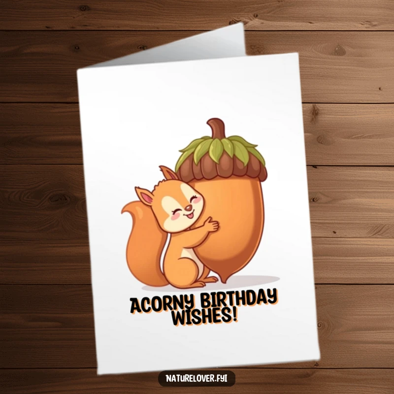 Funny Free Printable Birthday Card: Cheerful squirrel struggling to hug a giant acorn, a comical scene.