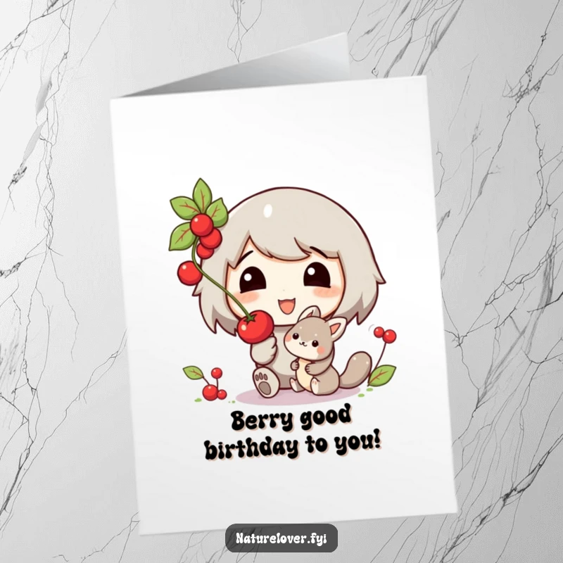 Funny Free Printable Birthday Card: Character offers berry to cute woodland creature, cheerful and heartwarming scene.