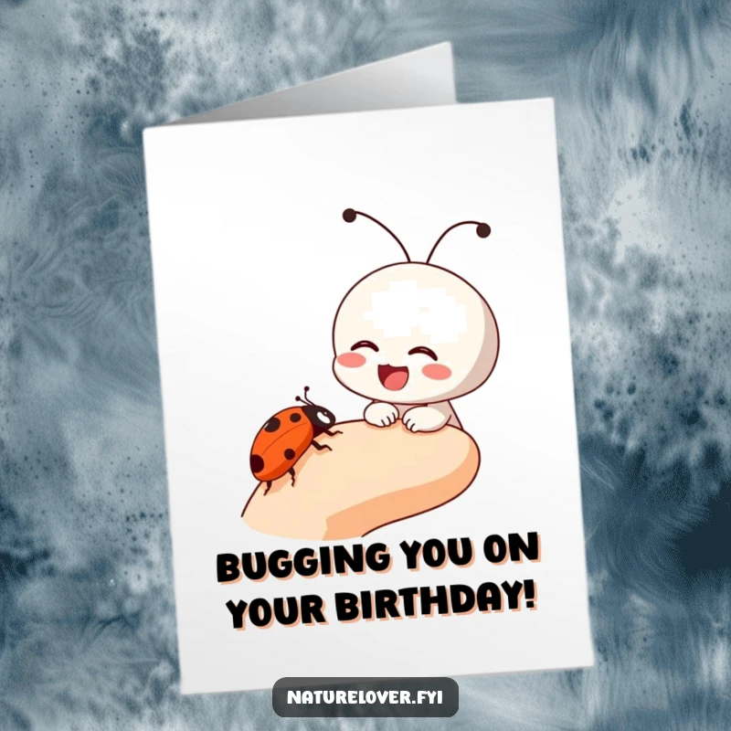 Funny Free Printable Birthday Card: Small character laughs merrily as a ladybug crawls gently on its outstretched finger, a scene of delight.