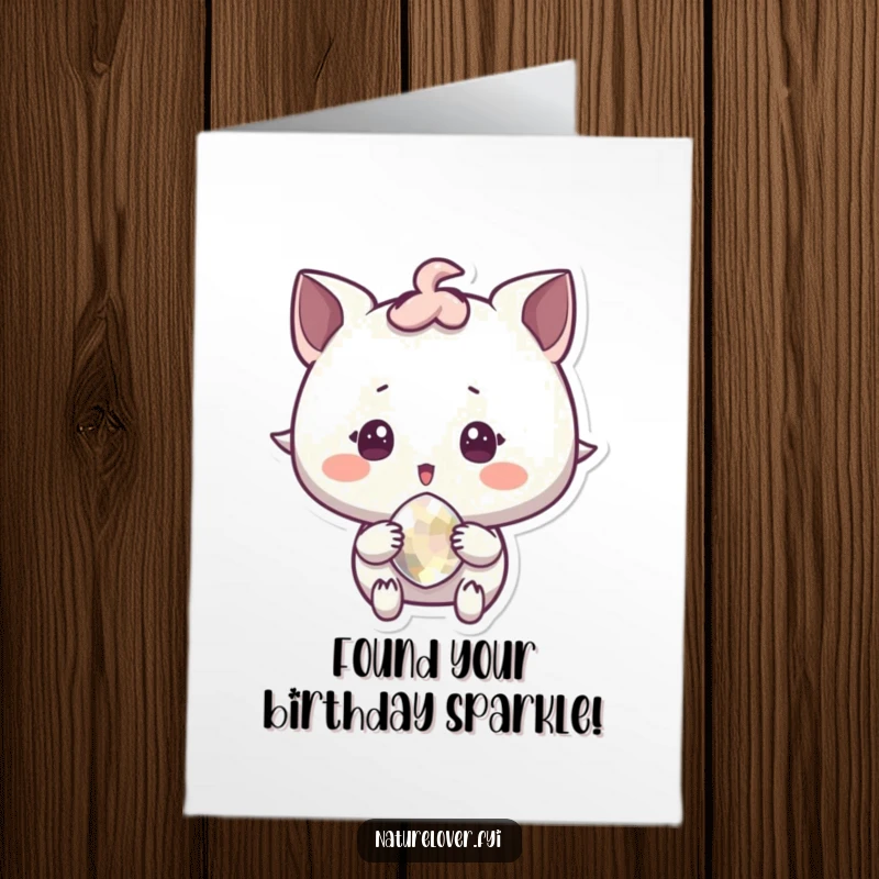 Funny Free Printable Birthday Card: Character shows surprised delight holding a sparkling pebble, a treasure of a downloadable card.