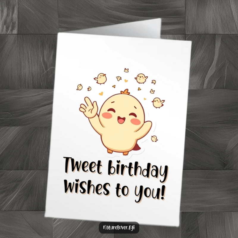Funny Free Printable Birthday Card: Happy character enthusiastically waving at a flock of tiny birds, sending joyful birthday wishes.