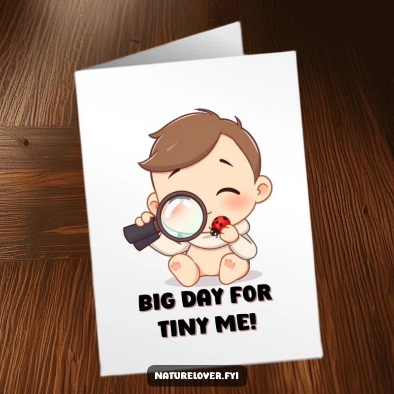 Funny Free Printable Birthday Card: Character holds magnifying glass, curiously examining a tiny ladybug, a great DIY gift.