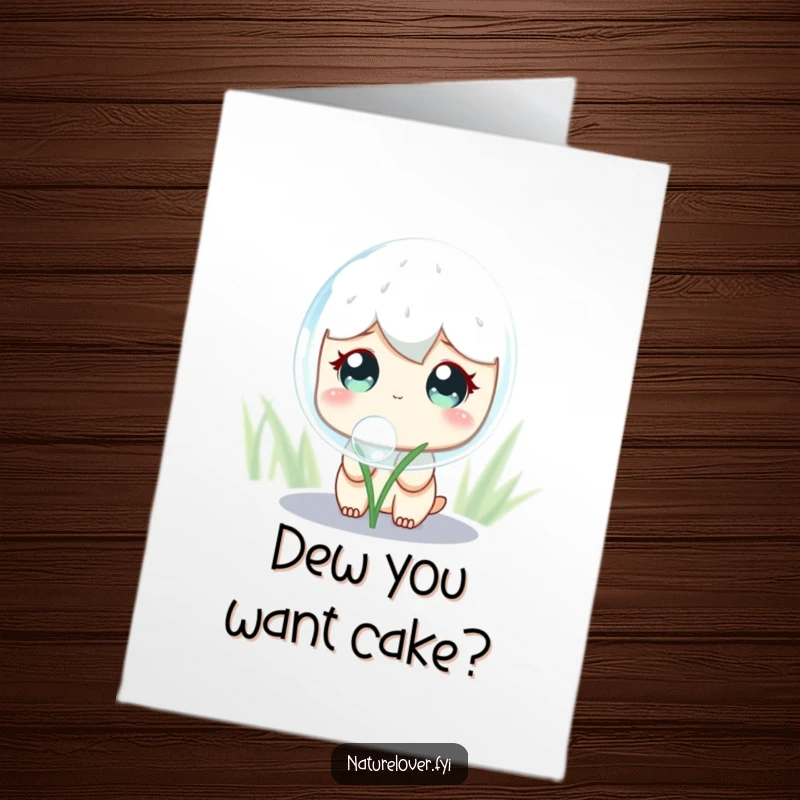 Funny Free Printable Birthday Card: Cute character with curious eyes gazing at a giant shimmering dewdrop, a delightful birthday surprise.