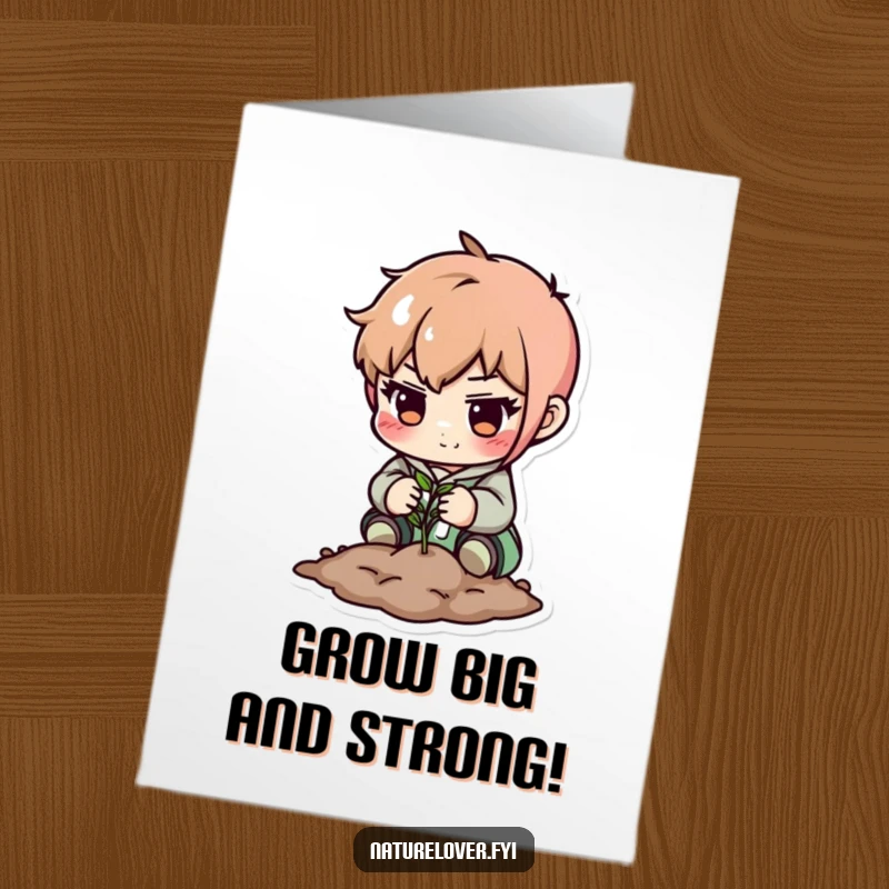 Funny Free Printable Birthday Card: Cute character diligently plants a tiny seed with intense focus, symbolic downloadable greeting.