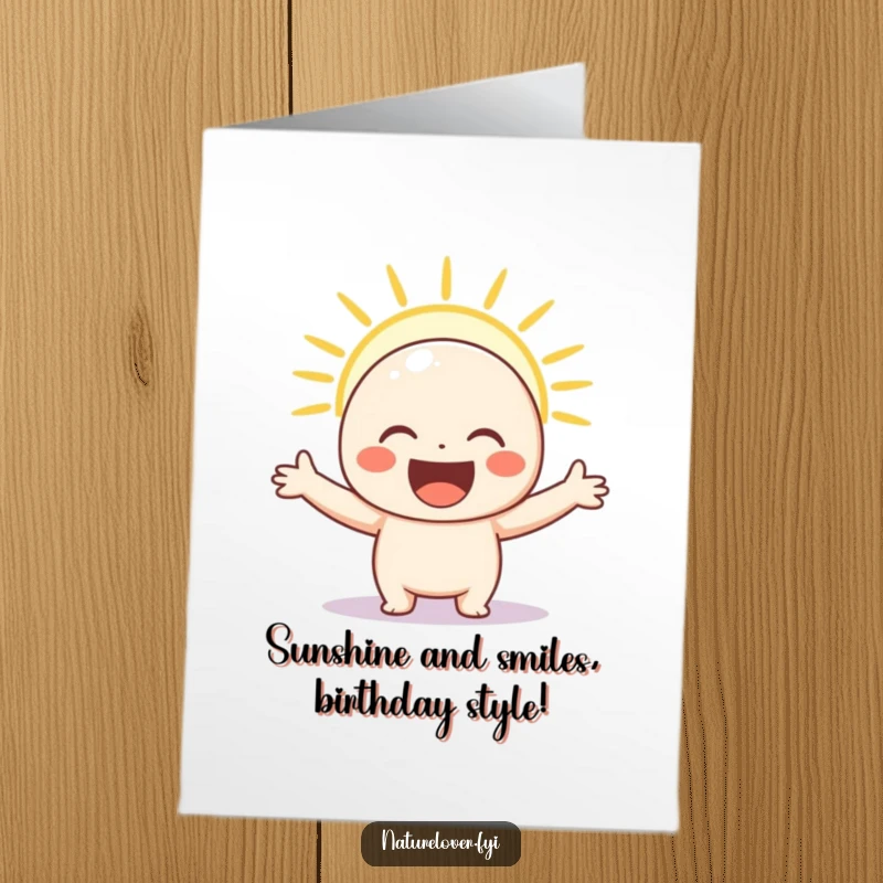 Funny Free Printable Birthday Card: Happy sunshine character arms wide, embracing a warm, golden ray.