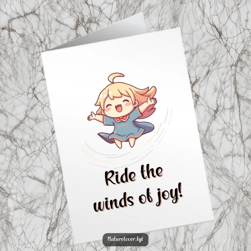 Funny Free Printable Birthday Card showing a character joyfully riding a swirling breeze with arms spread wide, embracing freedom.
