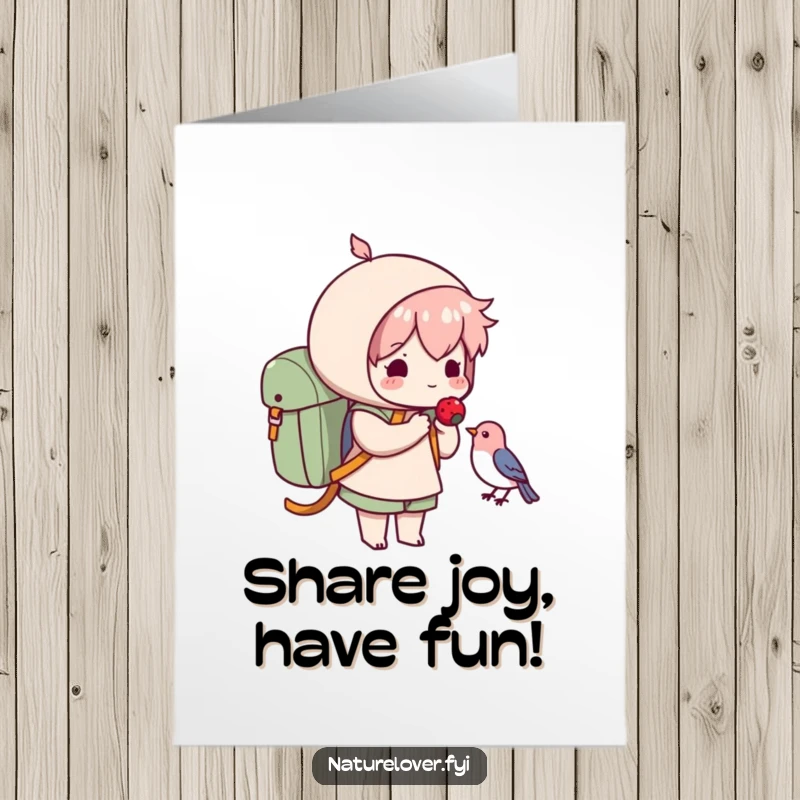 Funny Free Printable Birthday Card: Character with backpack, offering a berry to a small, grateful bird.