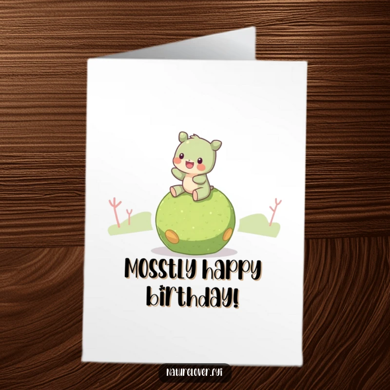 Funny Free Printable Birthday Card: Creature Joyfully Riding a Rolling Moss Ball, Embarking on a Happy Birthday Adventure.