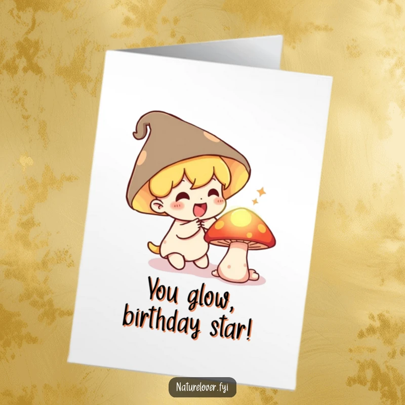 Funny Free Printable Birthday Card: Small character gasping in delight discovering a secret, glowing mushroom, a magical birthday surprise.