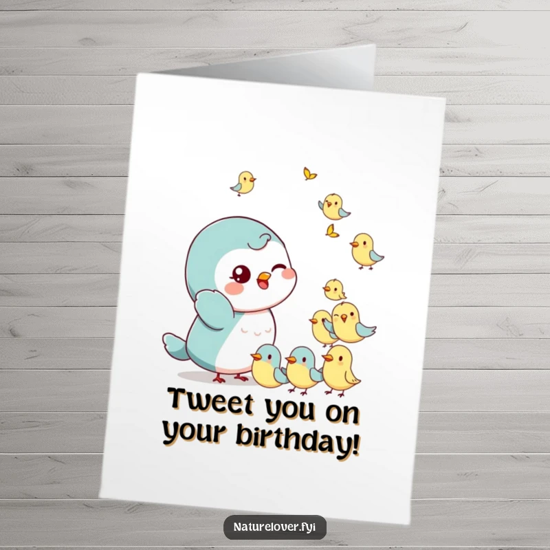 Funny Free Printable Birthday Card: Small character winking and waving at tiny cheerful birds, a fun birthday surprise.