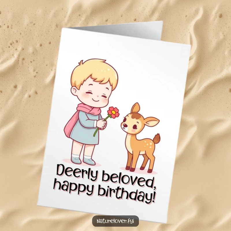 Funny Free Printable Birthday Card: Cheerful person offers a bright flower to a happy, tiny deer, celebrating a special day.